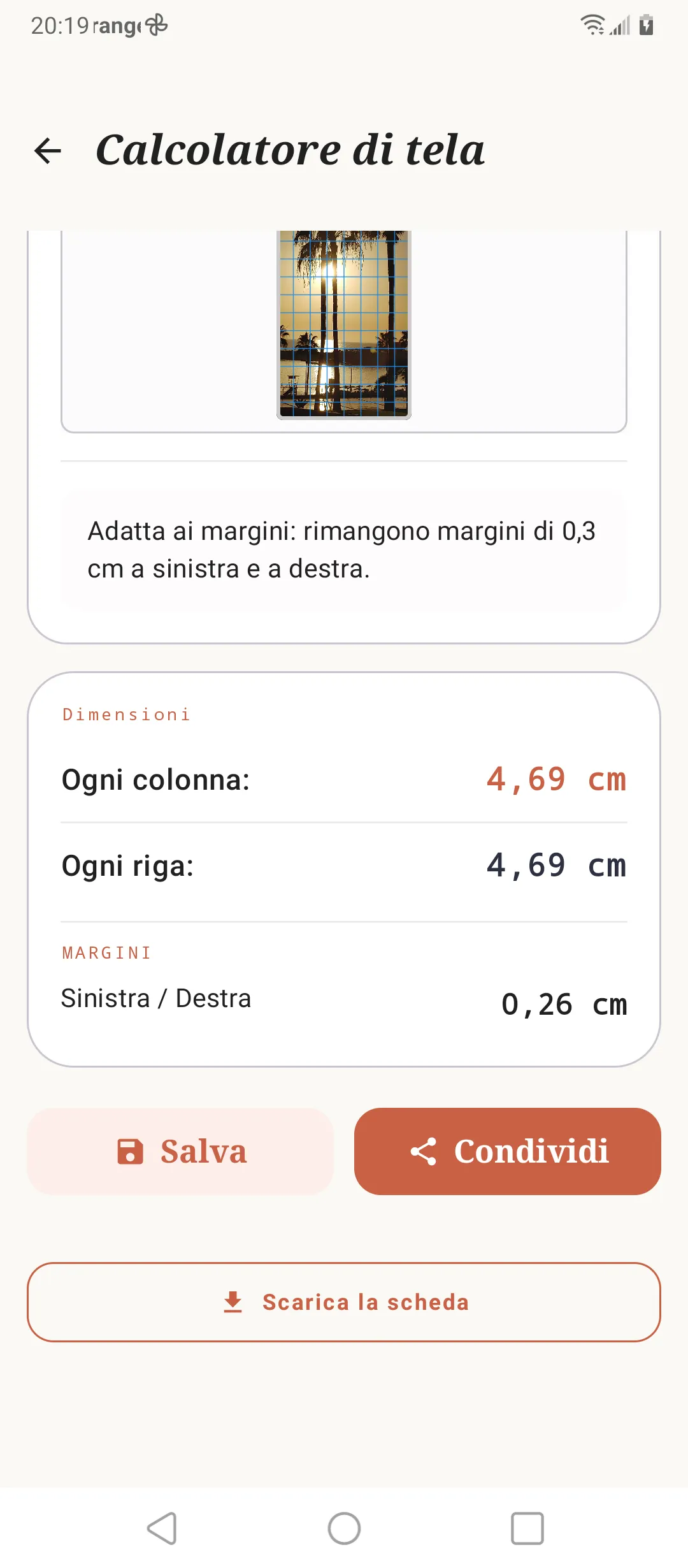 Calcolatore della tela di SOS Artista con le misure della griglia