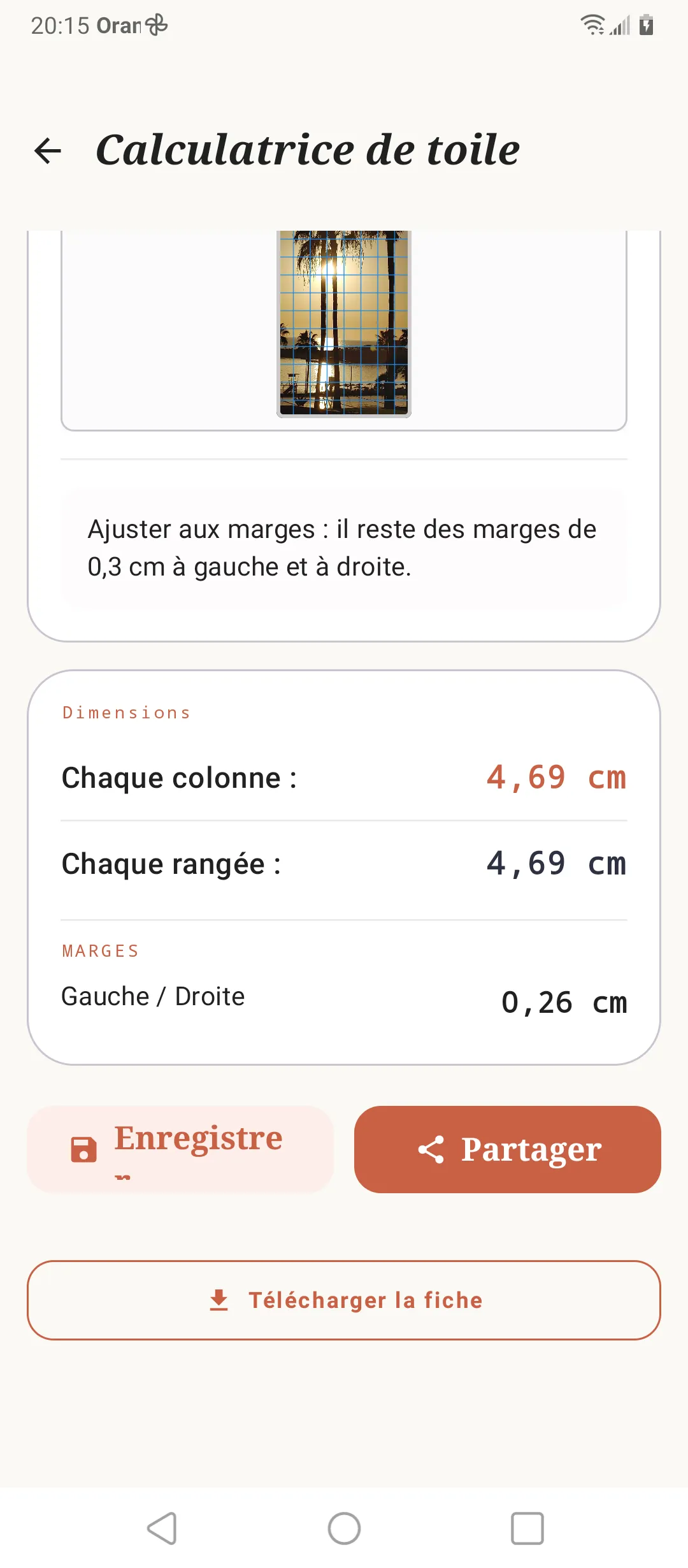 Calculateur de toile de SOS Artista avec les mesures de la grille