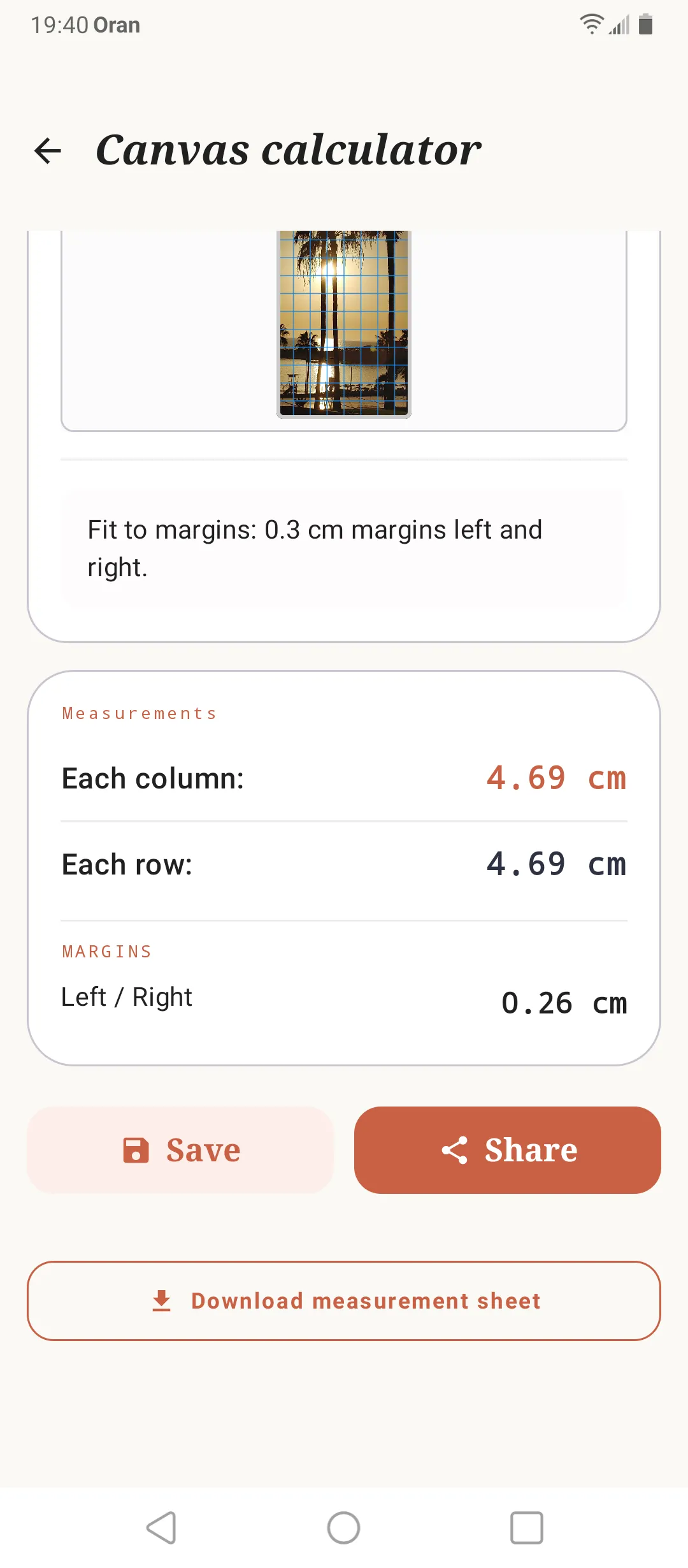 SOS Artista canvas calculator showing grid measurements