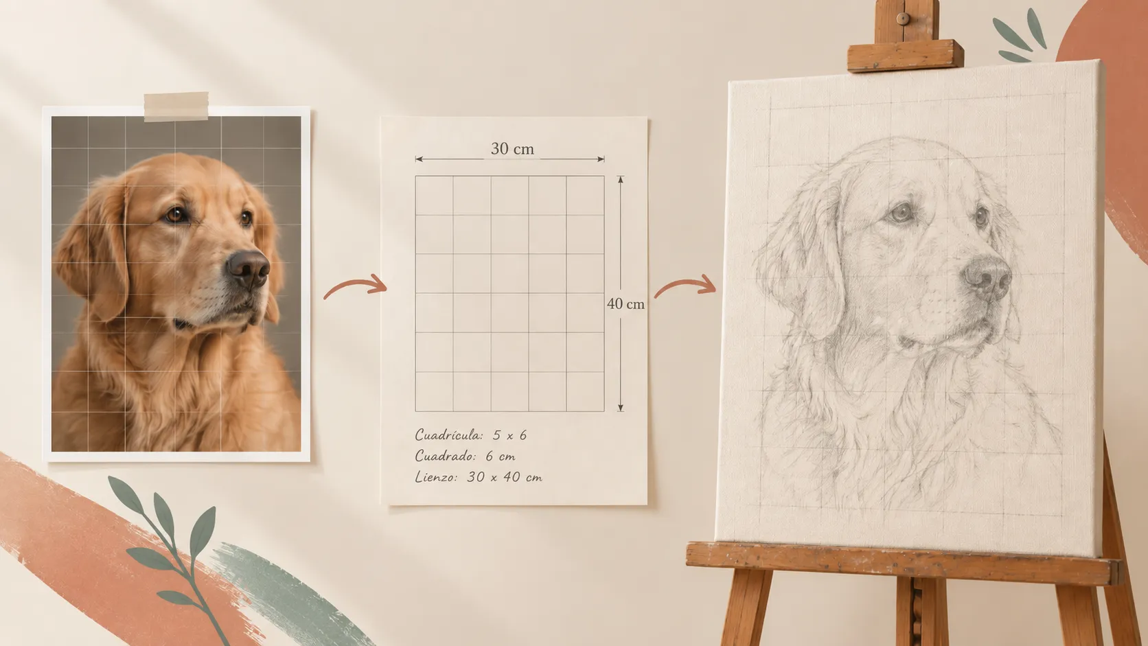 Imagen de referencia con cuadrícula, medidas y dibujo transferido al lienzo