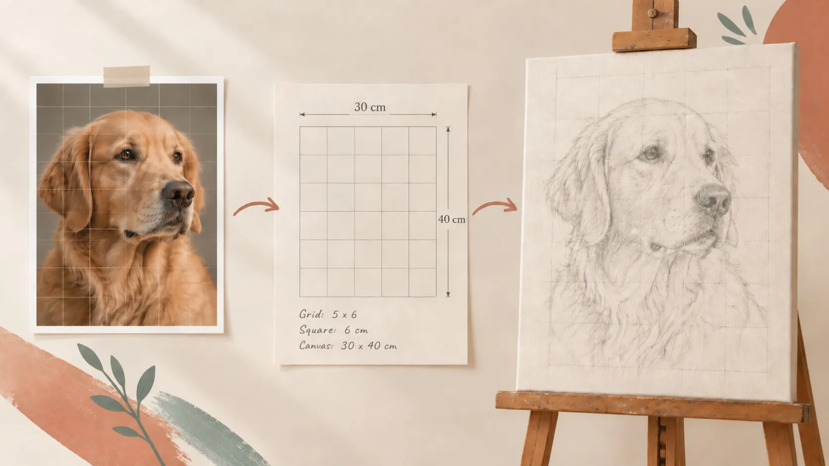 Reference image with grid, measurements and drawing transferred to canvas