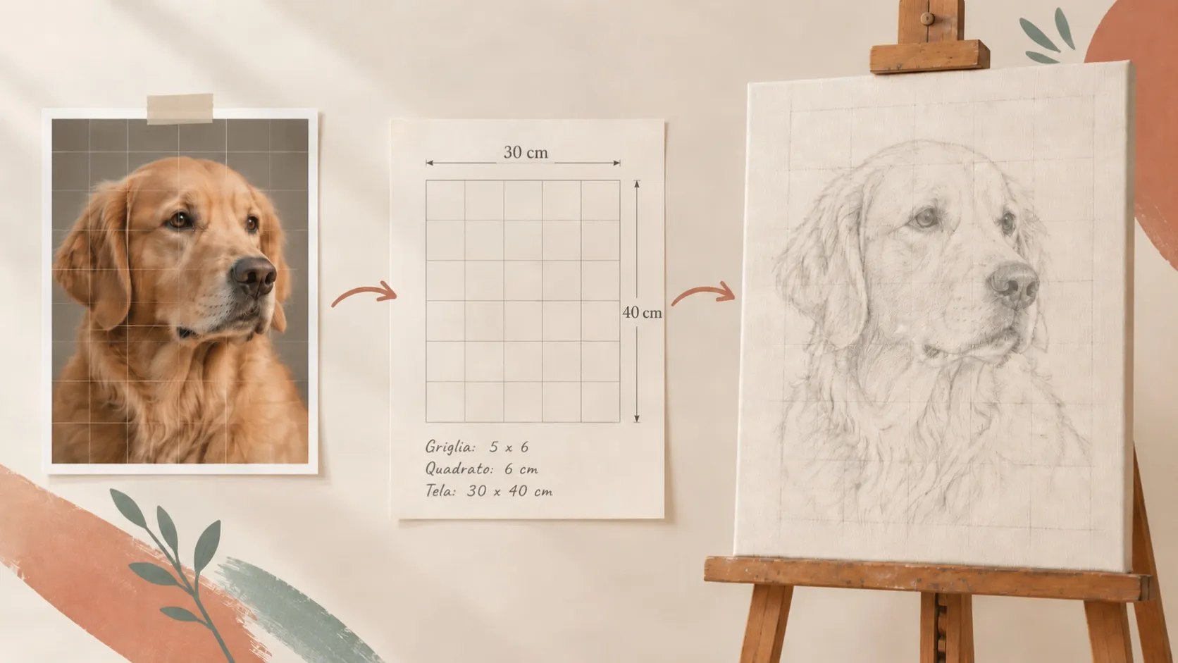 Immagine di riferimento con griglia, misure e disegno trasferito sulla tela