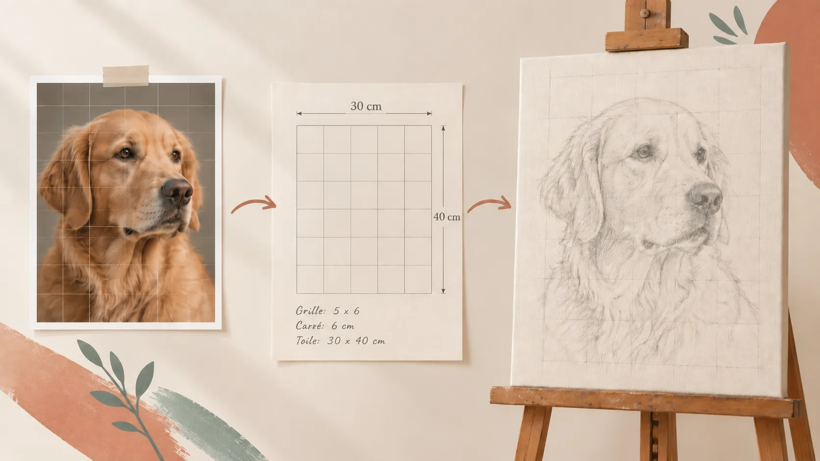 Image de référence avec grille, mesures et dessin transféré sur la toile