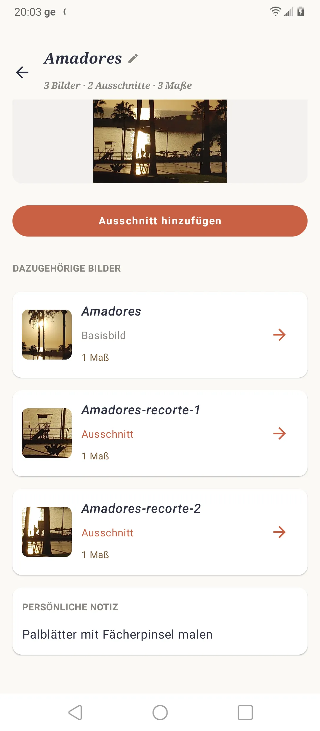 SOS-Artista-Projekt mit Ausgangsbild, Ausschnitten, Maßen und Notizen